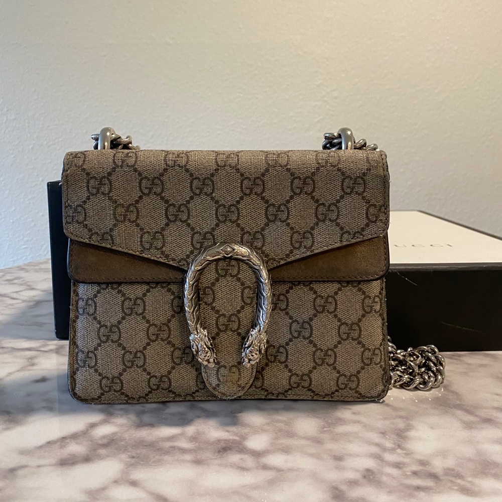 Gucci Dionysus Supreme Mini Bag in Taupe Suede